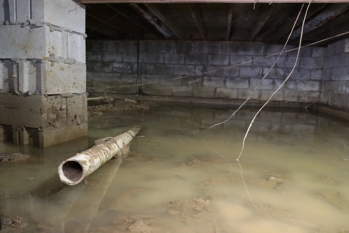 Water onder de vloer met een rioolbuis in de kruipruimte