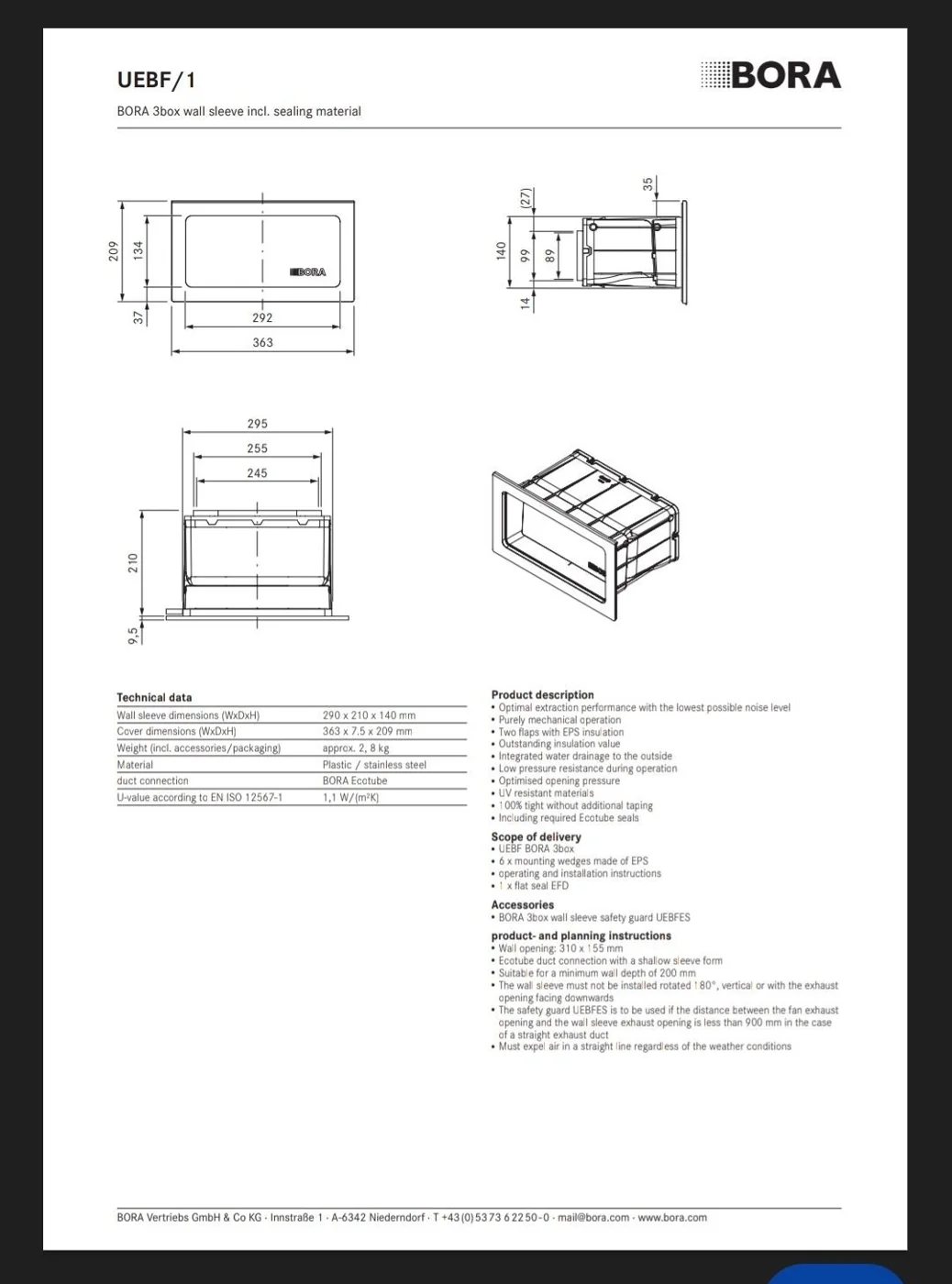 BORA UEBF/1 wallbox: maatvoering van de muurdoorvoer.