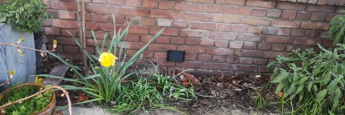 Kruipruimte ventilatie rooster aangebracht laag in de buitengevel.